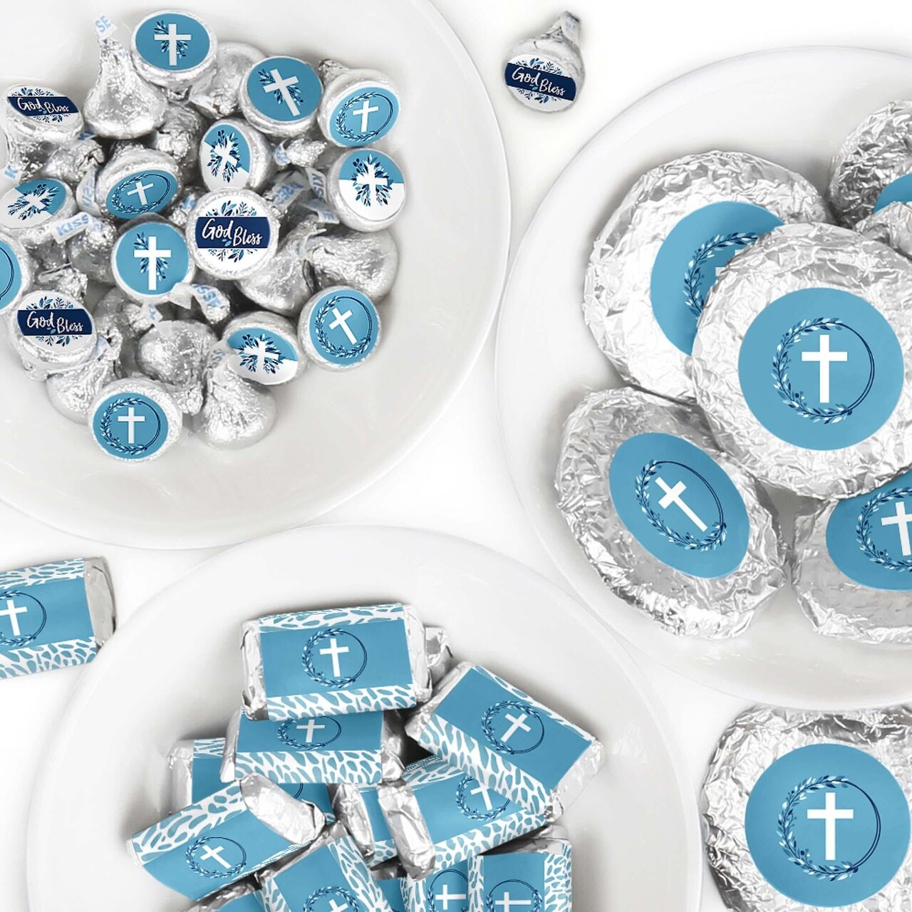 Big Dot of Happiness Blue Elegant Cross - Boy Religious Party Candy Favor Sticker Kit - 304 Pieces